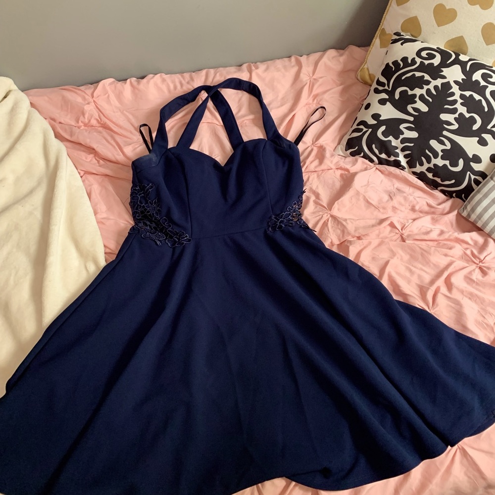 Jodi Kristopher navy blue cross back dress with lace windows